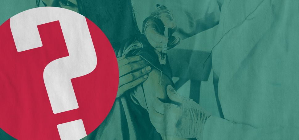 Photo of a young woman with a face mask and brown hair getting vaccinated. The doctor wears a white jacket, gloves and a face mask. An effect is applied to the image that makes it look like it was poorly printed on teal paper. Red Question of the week logo is overlaid.