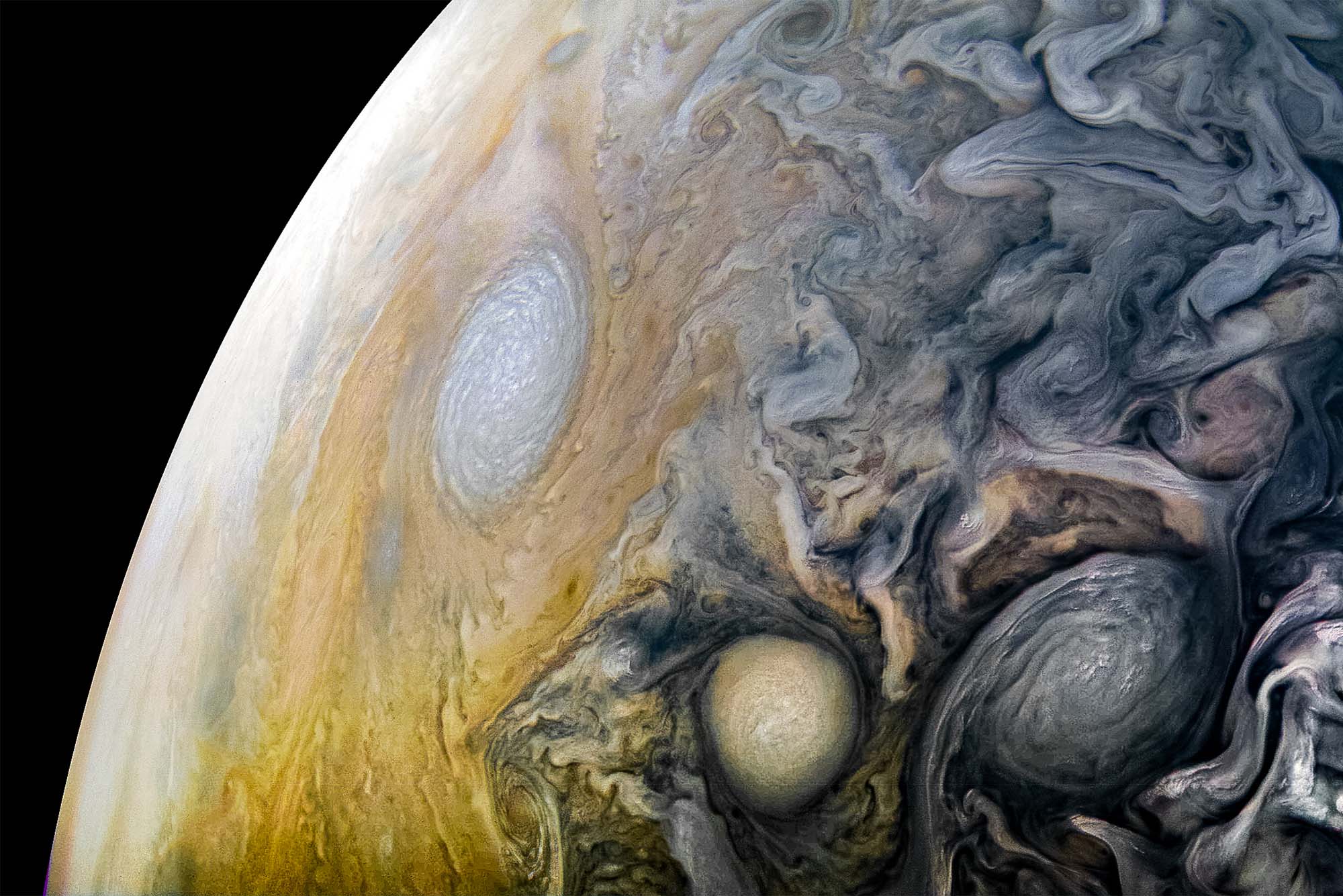 See intricate cloud patterns in the northern hemisphere of Jupiter in this new view taken by NASA's Juno spacecraft. The color-enhanced image was taken on April 1, 2018 at 2:32 a.m. PST (5:32 a.m. EST), as Juno performed its twelfth close flyby of Jupiter. At the time the image was taken, the spacecraft was about 7,659 miles (12,326 kilometers) from the tops of the clouds of the planet at a northern latitude of 50.2 degrees. Citizen scientist Kevin M. Gill processed this image using data from the JunoCam imager. https://photojournal.jpl.nasa.gov/catalog/PIA21984 . - Enhanced image by Kevin M. Gill (CC-BY) based on images provided courtesy of NASA/JPL-Caltech/SwRI/MSSS