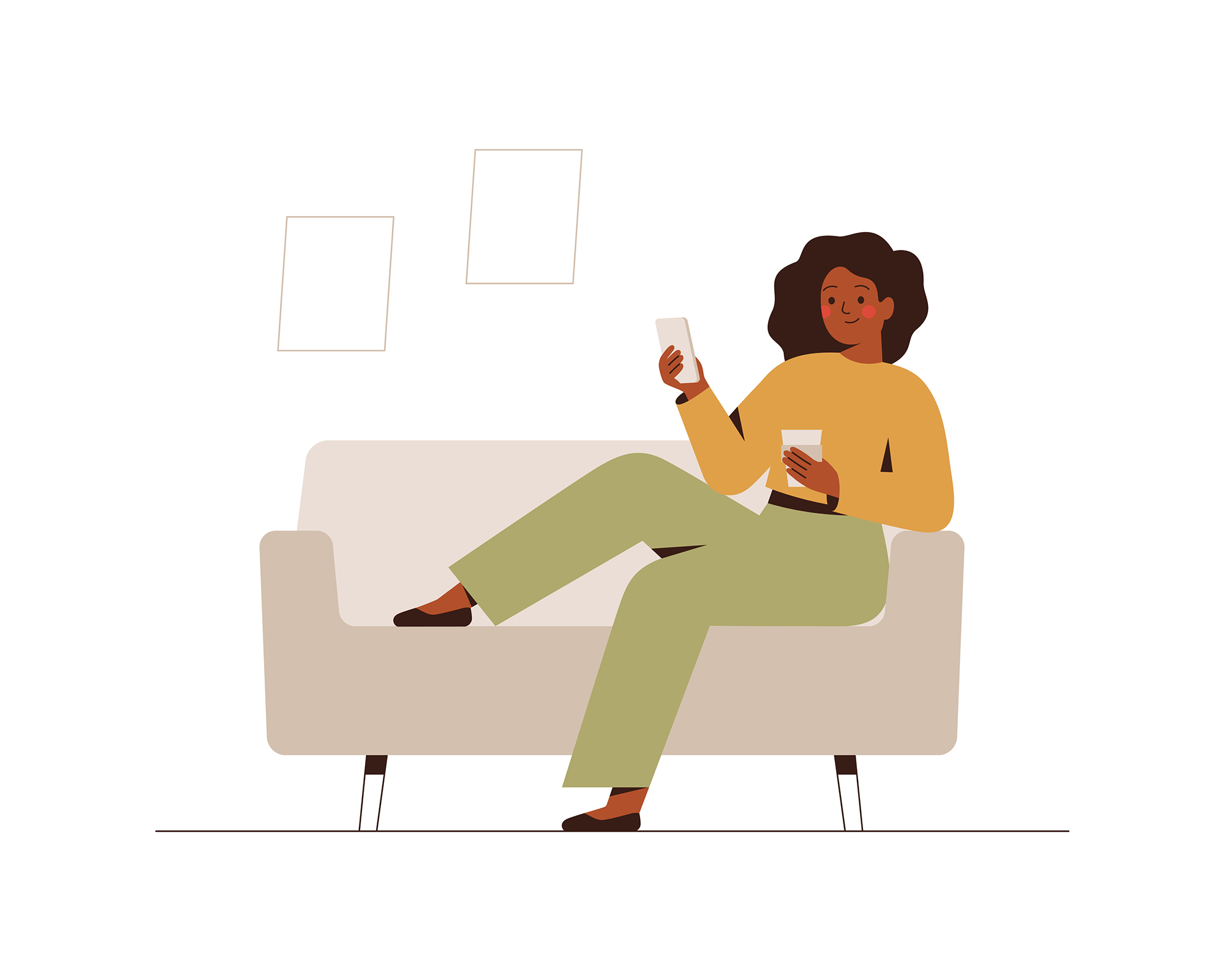 Vector illustration of a Young dark skin female drinking coffee and using a smartphone.