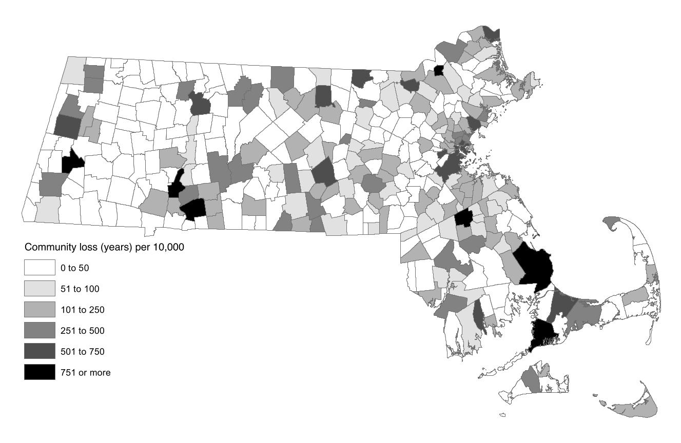 This map shows community years lost—the total years the criminal justice system sent people to prison—per 10,000 residents in Massachusetts cities and towns between 1997 and 2009. Source: Simes’ compilation of data from Massachusetts Department of Correction prison records. Courtesy of University of California Press