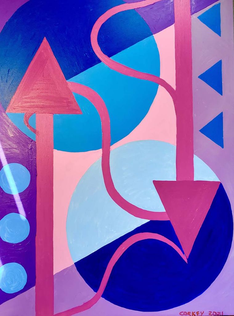 Corkey's abstract painting featuring two large pink arrows point up and down. Large below circles and smaller blue triangles are seen.