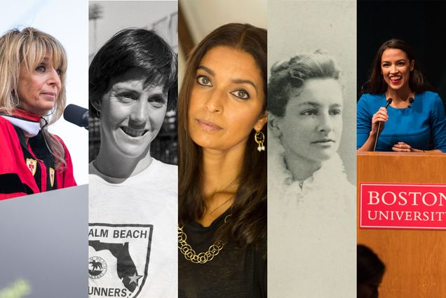 Collage of 5 photos of various women BU alums. Photos from left to right of: Bonnie Hammer, Joan Benoit Samuelson, Jhumpa Lahiri, Lucy Wheelock, and Alexandria Ocasio-Cortez