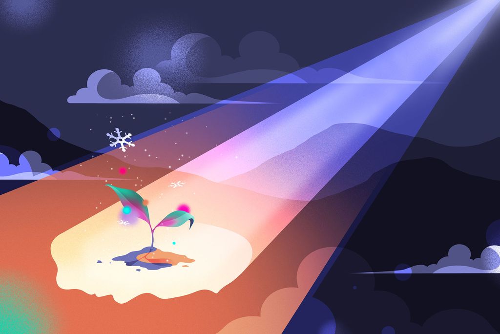 Sci-fi looking computer illustration of a bright blue light coming from somewhere in a dark sky and shining down a technicolor plant that is in bloom. A few swirling clouds are in the sky and there are a few snowflakes around the plant sprout.