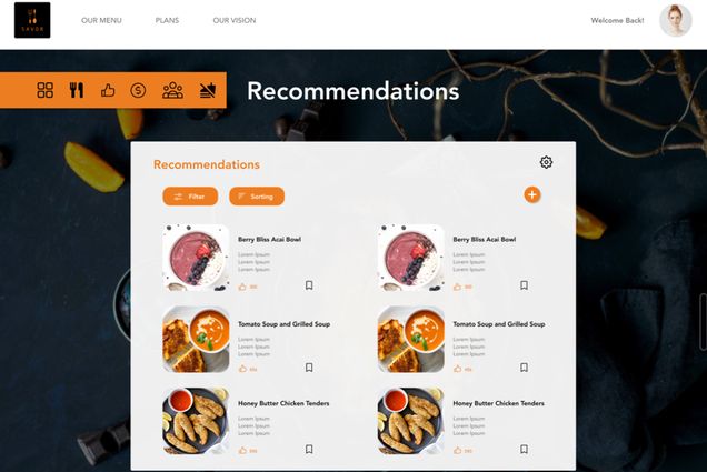 A screenshot of the Savor App, which allows the reduction of food waste. The app screen says "recommendations" followed by many food options, similar to a menu in a restaurant except virtual