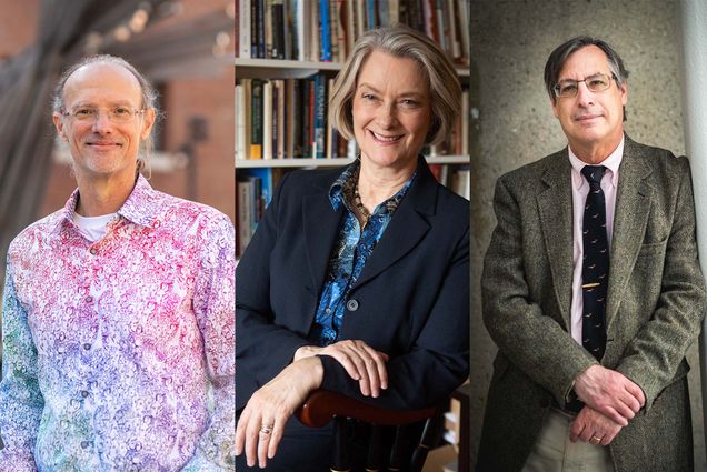 Composite image. At left, Photo of Mark Grinstaff, a middle-aged white man with glasses who wears a button-down shirt with a gradient, squiggly line pattern that fades from green and blue to red and pink. He smiles as he stands outside with his hands in his pockets. In the middle, Photo of Professor Dana Robert of STH. She is a middle-aged White woman with short salt and pepper hair. She wears a black blazer and blue blouse, and smiles as she sits in a wooden chair, her hands crossed in her lap. Behind her, a large white bookshelf filled with books is seen. At right, Photo of Gary Lawson, School of Law professor of Law. He is a middle-aged white man with glasses and salt and pepper hair. He wears a speckled gray-green tweed suit, pink button down and black tie. He smiles slightly and holds his arm with his hand and learns against a white wall.