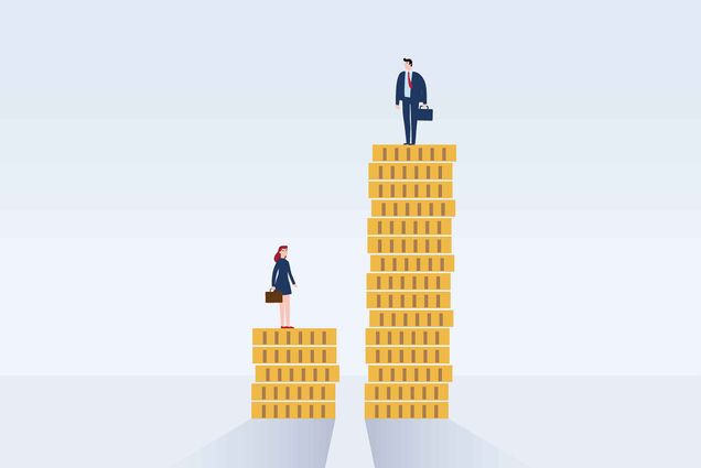 Illustration of a women in a suit with a brief case standing on top of a small stack of gold coins. At right, a man in a suit with a brief case stands on a stack of coins almost three times as high. Background is gray and the shadow of the coin stacks are seen in front of stacks.