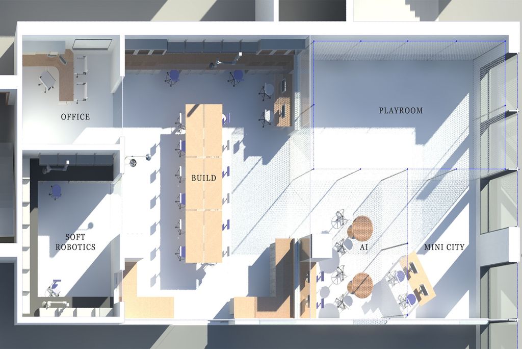 A top down view of BU's new RASTIC with labels that say "Office", "Build", "Playroom", "Soft Robotics", "AI", and "Minicity"