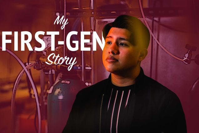 Photo of Hector Grande posing for a photo at EPIC. He wears a black, red, and white shirt and black jacket as he gazes to the left amidst mechanical equipment. Photo background has is stylized with a burgundy filter and text on screen reads "My First-Gen Story"