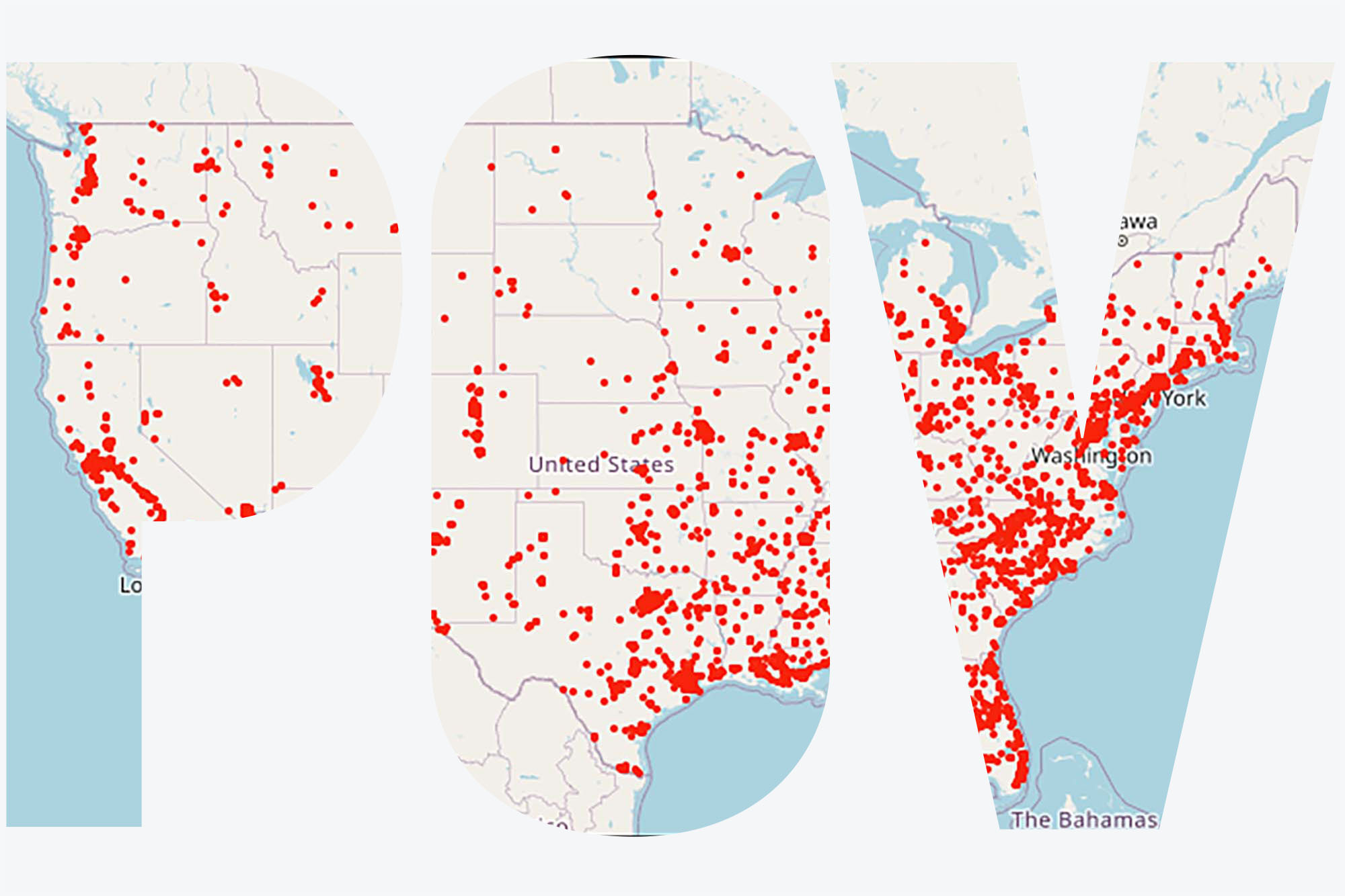 Image of a map of the lower 48 states of the United States in tan. Overlaid are a serious of red dots indicating the number of gun violence deaths in 2022 so far. The dots are concentrated around the coasts, but no state is without dots. "POV" is overlaid.