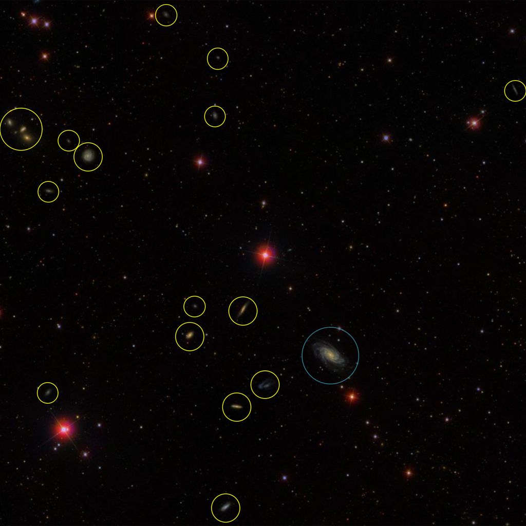 satellite galaxies (circled in yellow) are visible on the left side of the host galaxy known as NGC 2998 (circled in blue