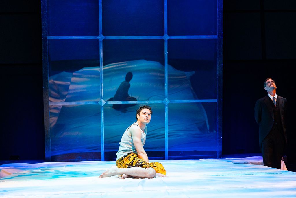 Mishka Yarovoy (CFA’23) and Broadway cast member Mark H. Dold (standing) in SpeakEasy Stage’s production of The Inheritance. Photo by Nile Scott Studios