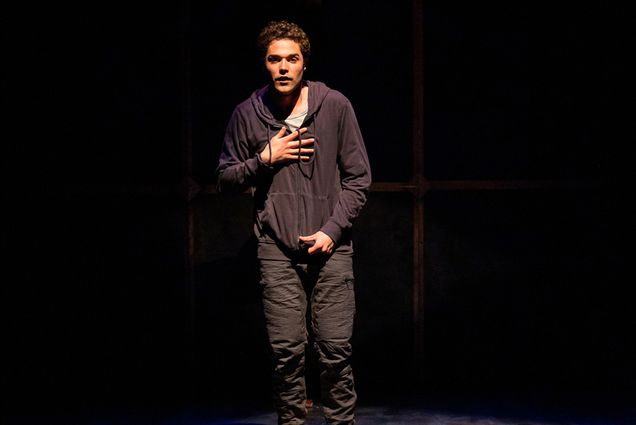 Mishka Yarovoy (CFA’23) stands barefoot centerstage in the scene where his two characters meet in SpeakEasy Stage’s production of Matthew Lopez’s Tony Award–winning drama, The Inheritance. Photo by Nile Scott Studios