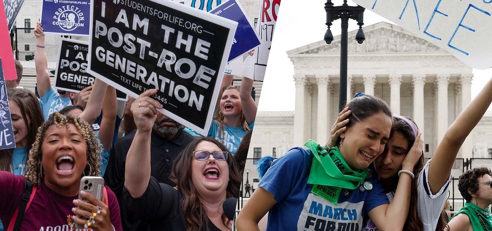 Composite image. At left, a diverse group of pro-life women celebrate in front of SCOTUS after Roe v. Wade was overturned. One woman holds a sign that says "I am the post Roe generation." At right, two young women with March for Our Lives t-shirts on embrace each other. The woman at left is weeping, the other holds her head in her arm.