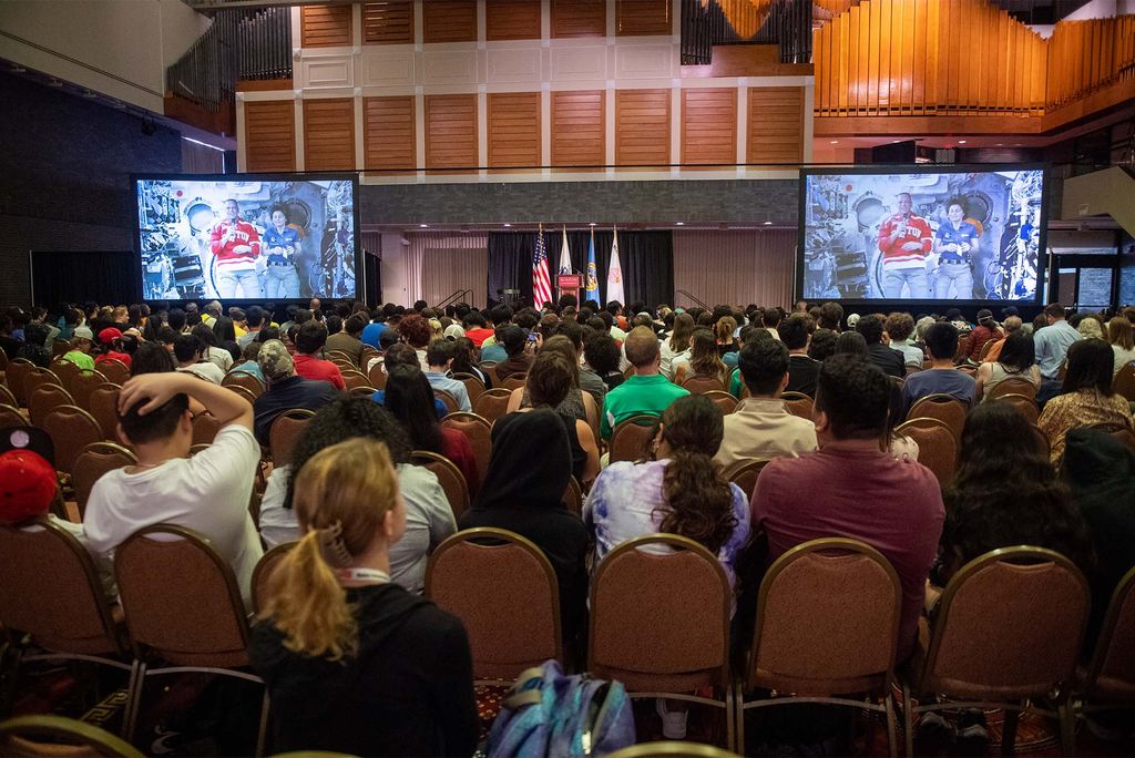 About 500 high school students filled the ballroom along with members of the BU community for the NASA downlink, culminating a day of STEM outreach activities.