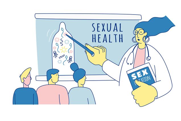 Line art vector illustration of a teacher teaching a lesson on Safe Sex education for teens, teenagers, students. They stand at a blackboard and point to a drawing of a condom as two students look on.