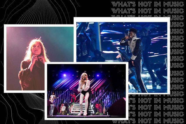 Image: collage of artists releasing music and/or hosting concerts in Boston in September 2022. Black background with outline-font white lines features photos of Florence of Florence + the Machine, Carly Rae Jepsen, and Lil Nas X. Florence is shown in a haze of blue and red light as she looks out on stage on polaroid-style borders. Carly Rae Jepsen is shown on stage singing loudly into a microphone on a stage lit with purple and red on polaroid-style borders. Lil Nas X shown performing in concert. He holds a microphone to his mouth and one leg is raised as he faces the crowd within polaroid-style borders. Text on right behind image reads "What's Hot in Music" in a repeating pattern