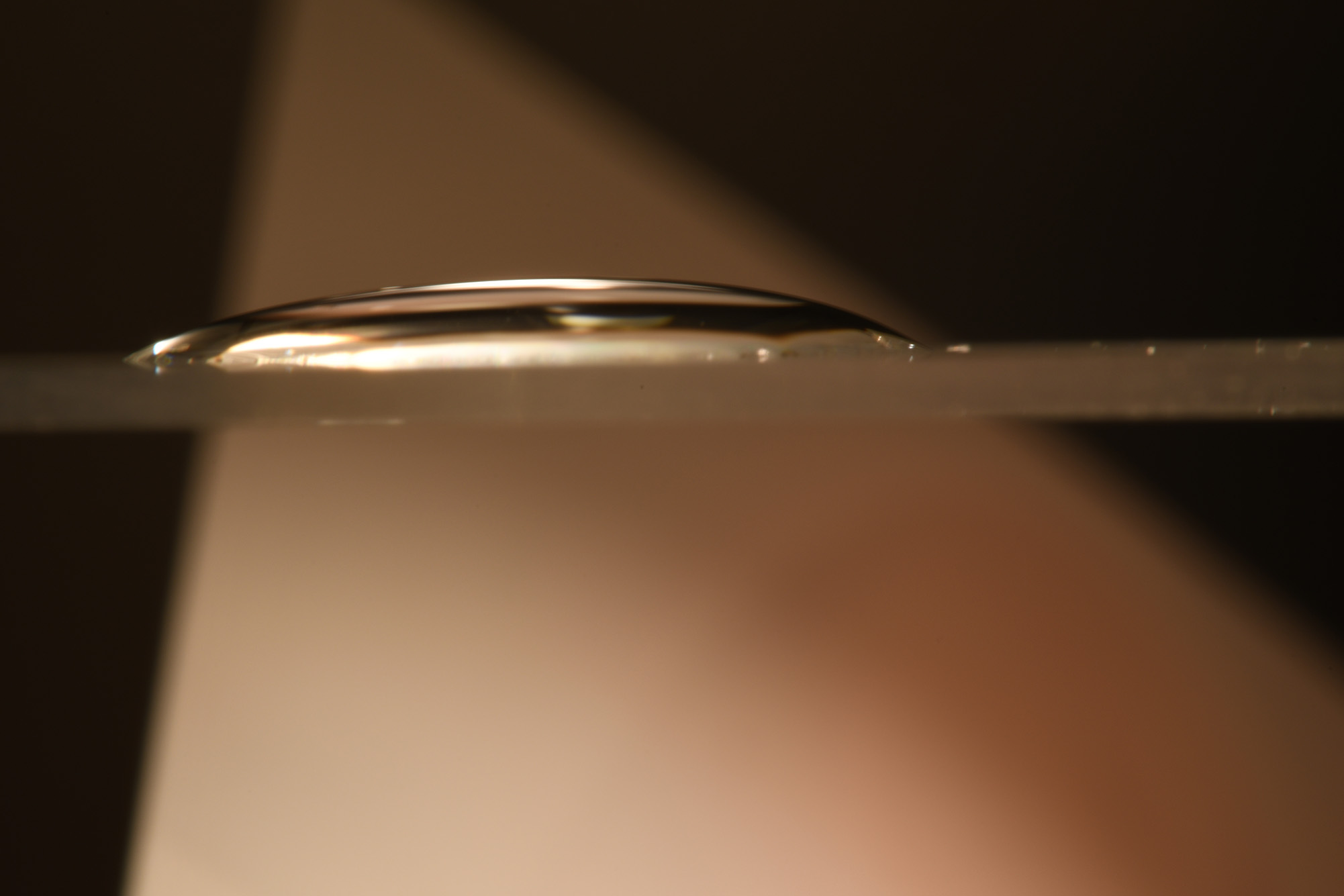 Photo: Zoomed in shot a drop of water placed on a glass slide, viewed from the side.