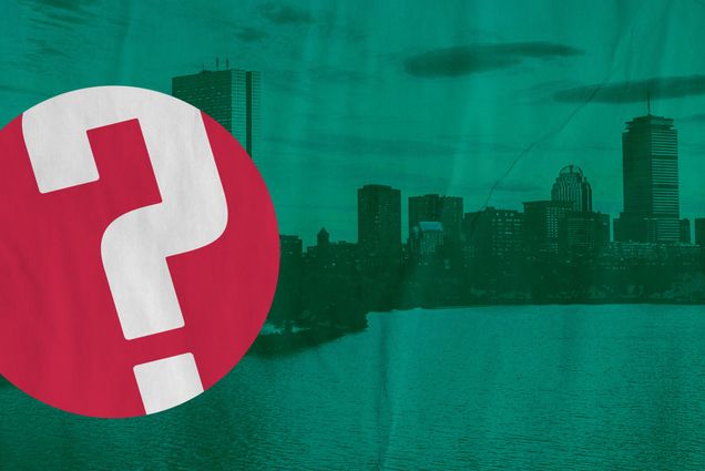 Photo of the Boston skyline taken from the north, looking south towards the John Hancock and Prudential Center, with the Charles River in the foreground. The photo has a teal overlay and is textured to look as if it were printed. At left, the red question of the week logo is seen.