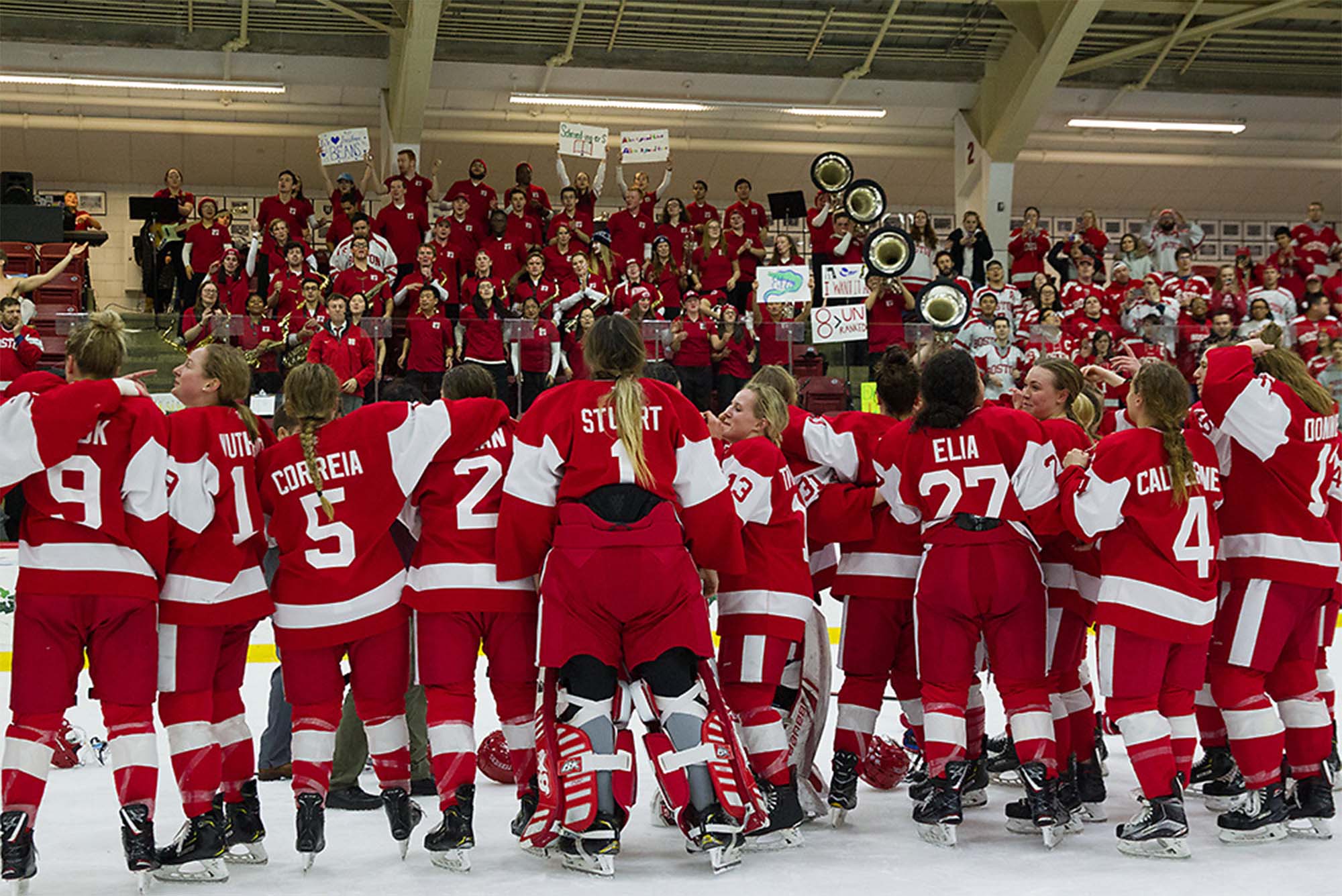 The bond between BU’s teams, the Pep Band, and the Dog Pound is a (loud) highlight of many BU hockey games, like the 2021 Women’s Beanpot Championship. Photo courtesy of BU Athletics