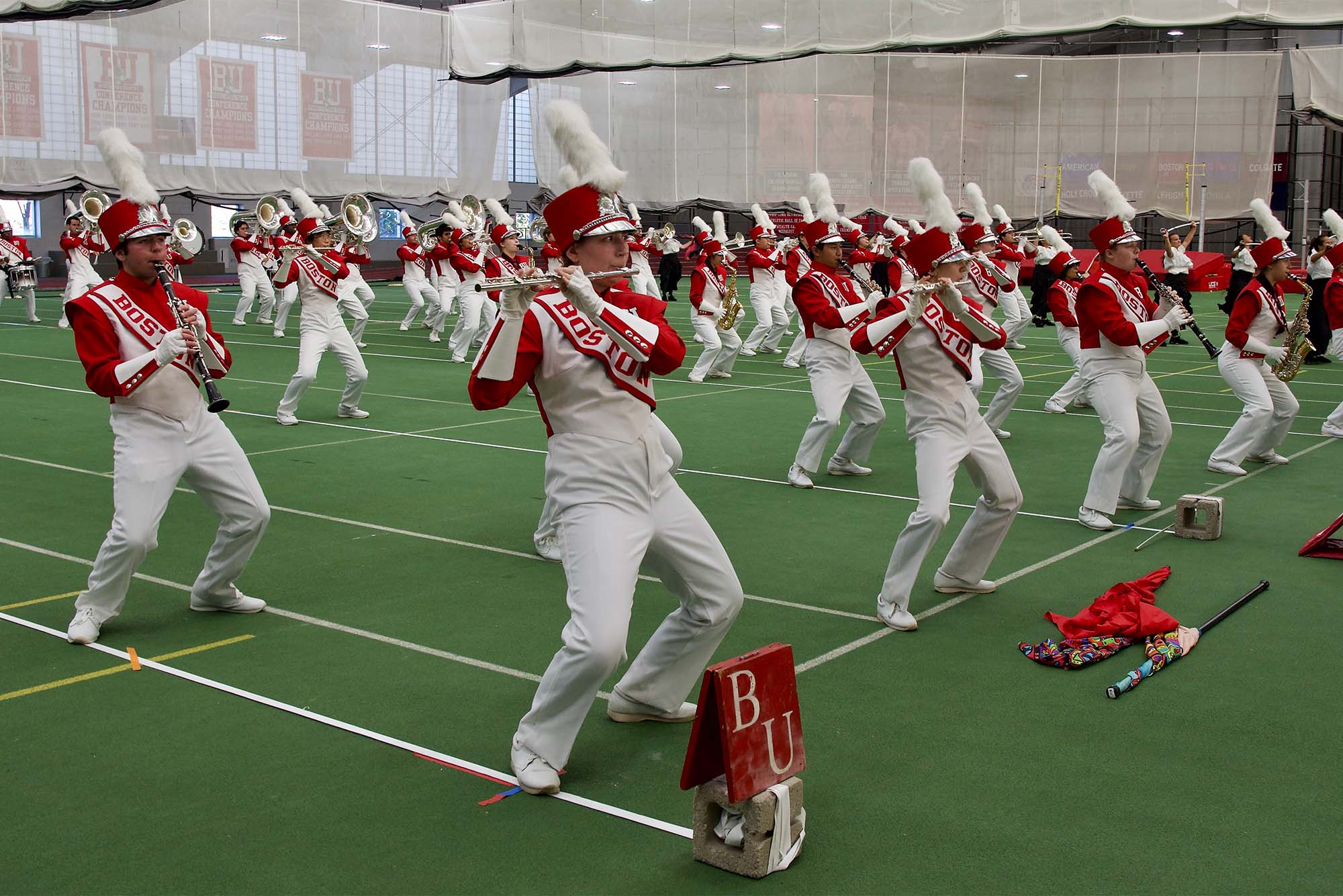 BU’s high-stepping Marching Band, here at the Marching Band and Pep Band Home Show, October 23, 2021, remains a campus favorite even after the football program ended in 1997. They’re pictured . Photo by Mitch Davidowitz