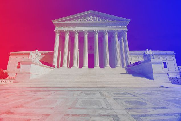 Photo of the US Supreme Court building. The photos has a red and purple gradient overlaid on it.