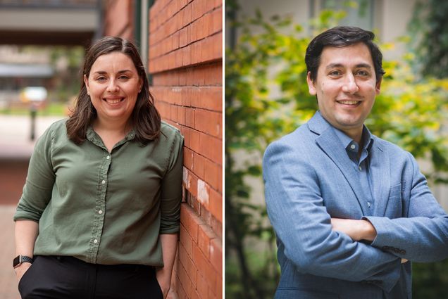 Collage: Side by side photo of two BU Researchers. (left) Mary Willis, a School of Public Health assistant professor of epidemiology, and recipient of a 2022 NIH Director’s Award. She leans, smiling, against a brick wall with hands in pockets. She wears an olive green shirt and black pants. (right) Hadi T. Nia, College of Engineering assistant professor of biomedical engineering, poses for a photo with arms crossed. He wears an ocean blue blazer and smiles for the camera in front of a blurry landscape of plants.