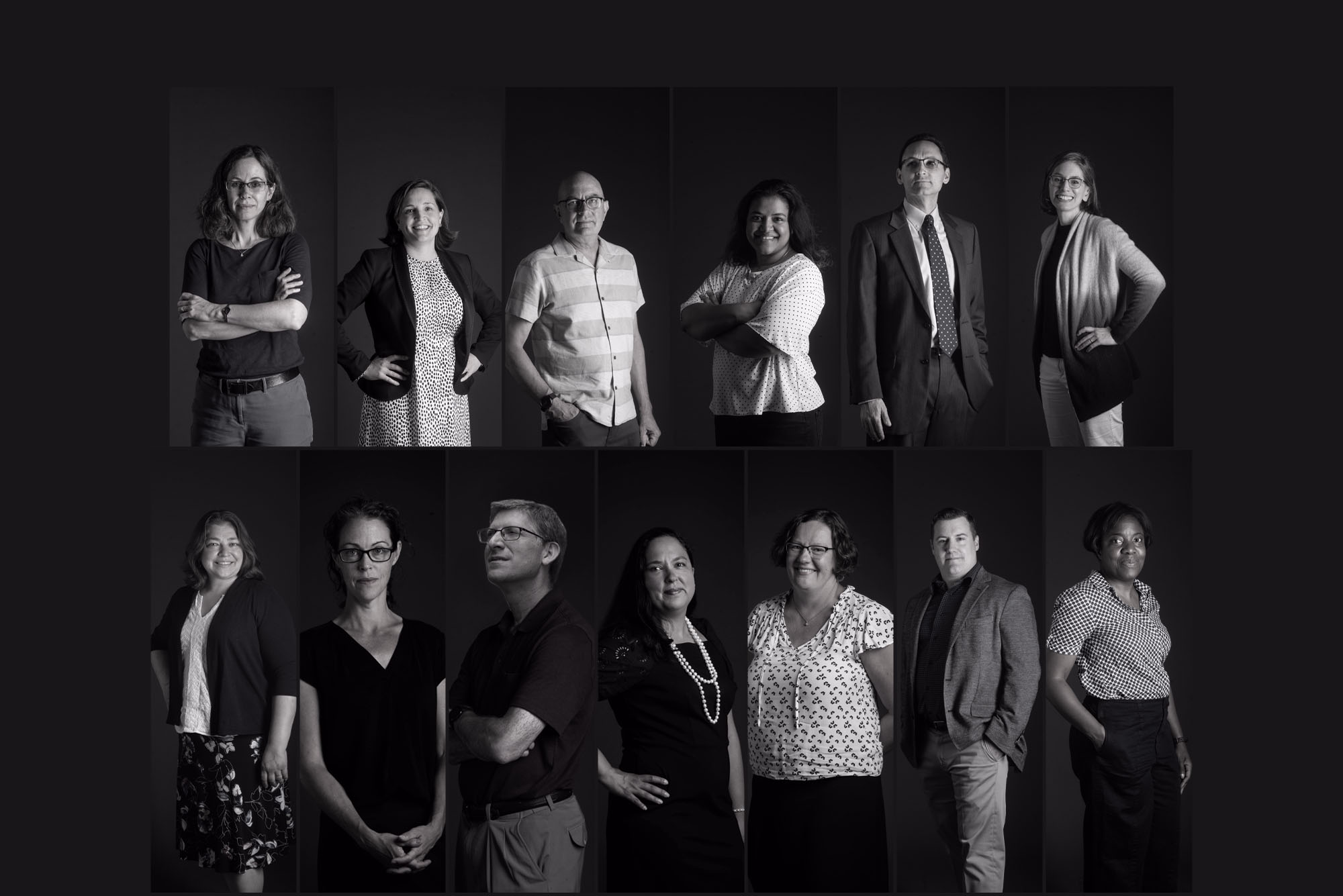 a photo collage featuring studio photos of all 13 members of the team of Boston University researchers all posing in front of black backdrops in various poses.