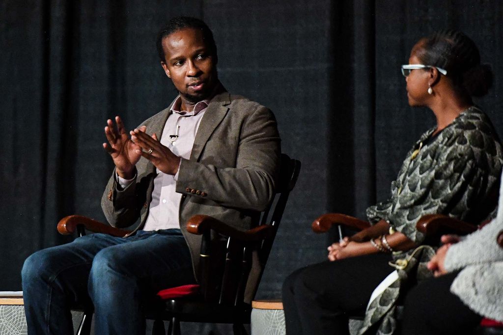 “You can’t be antiracist if you are not fighting against climate change,” said Ibram Kendi, BU Center for Antiracist Research founding director, during one of the symposium’s panels. At right is Tamarra James-Todd, a Harvard T. H. Chan School of Public Health associate professor.