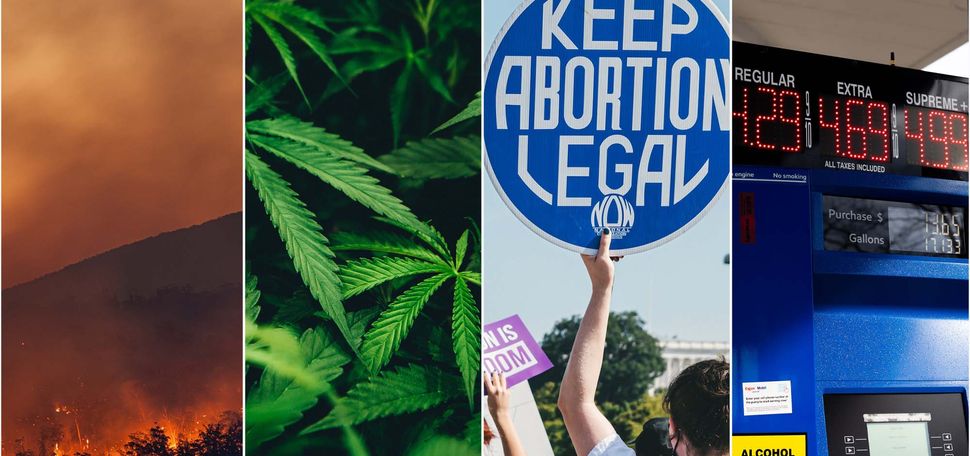 Collage: (from left to right) Photo of a raging wildfire, marijuana leaves, A protestors holding up a blue sign that reads "keep abortion legal", and a gas station pump showing high gas prices are shown to illustrate some of the issues being debated in the midterms.