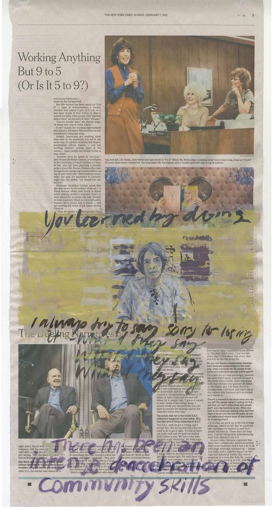 Work entitled: You Learned By Doing Self Portrait: In conversation with Natasha Bregel, Audrey Goldstein, Danielle Krcmar, Phyllis McGibbon, Hilary Tolan, February 7, 2021, acrylic and ink on newsprint, 21.75" x 11". A page of the new york times is painted over with yellow strokes and small painting of a person.