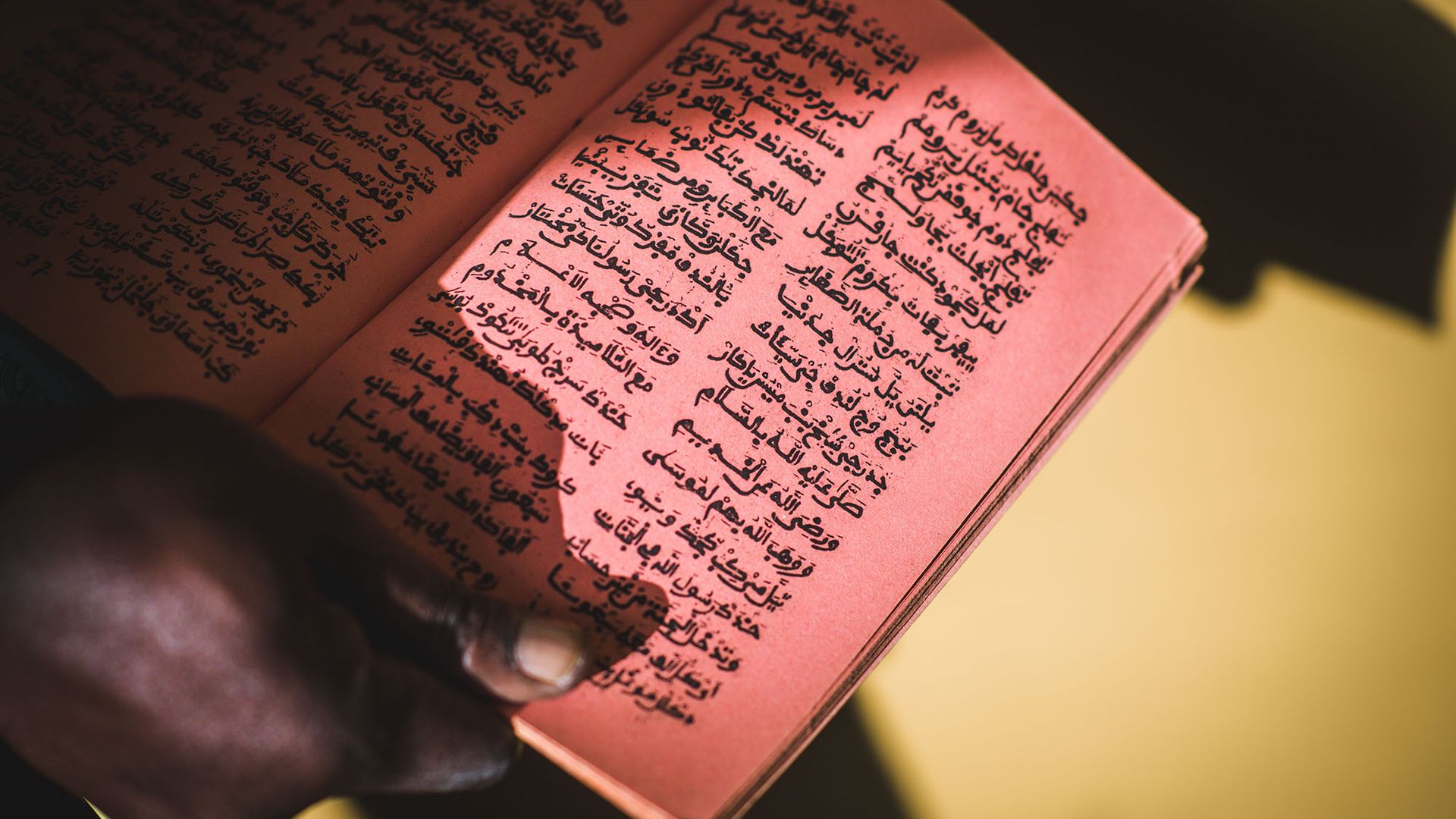 Photo: a pink book filled with, Ajami, a modified Arabic script, is held open.