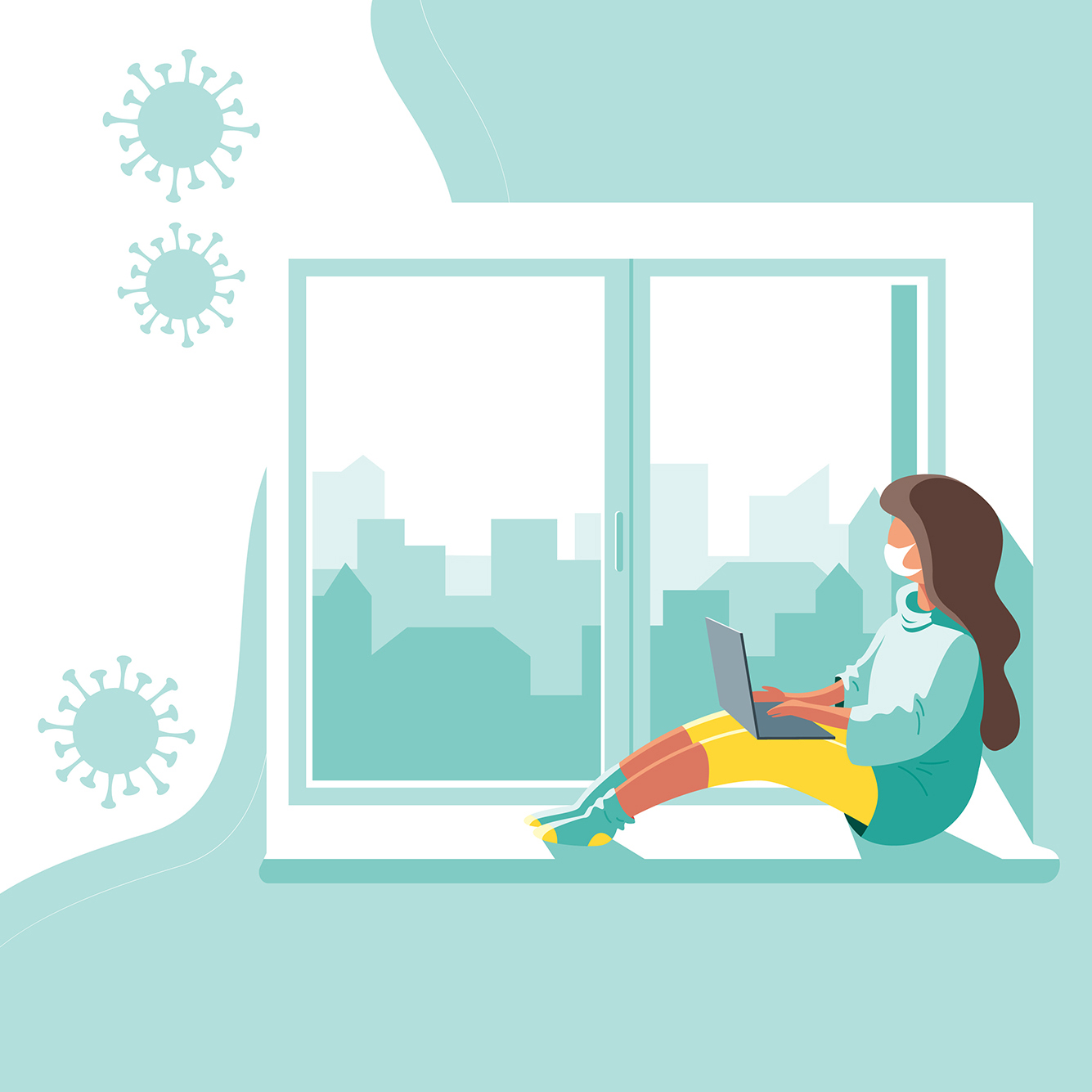 Vector illustration of a younger girl with brown hair in a protective medical mask with a computer at home in quarantine. She looks out at a light blue city landscape while negative space to the left show a few coronavirus illustrations.