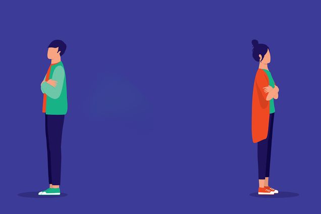 Vector illustration: Angry Young Couple Turn Their Backs Against One Another and are on opposite ends of the space. The two people are isolated On a dark purple Background.