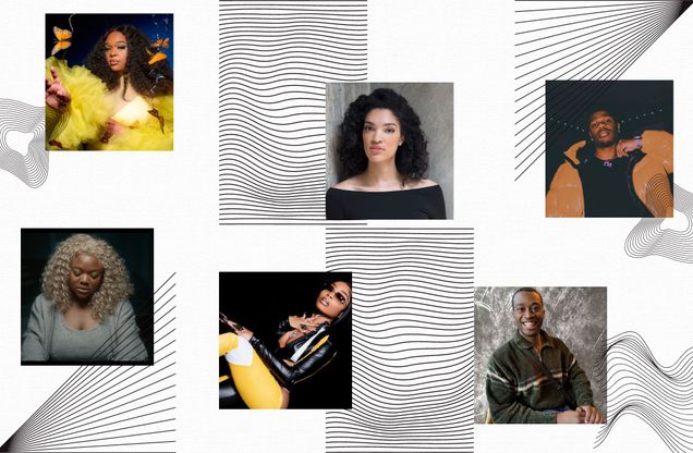 Blog cover photo featuring geometric shapes with images of musicians including: Miranda Rae, Lola Brooke, Alexis Peart, Libianca, Rozime Lindsey, and Fridayy