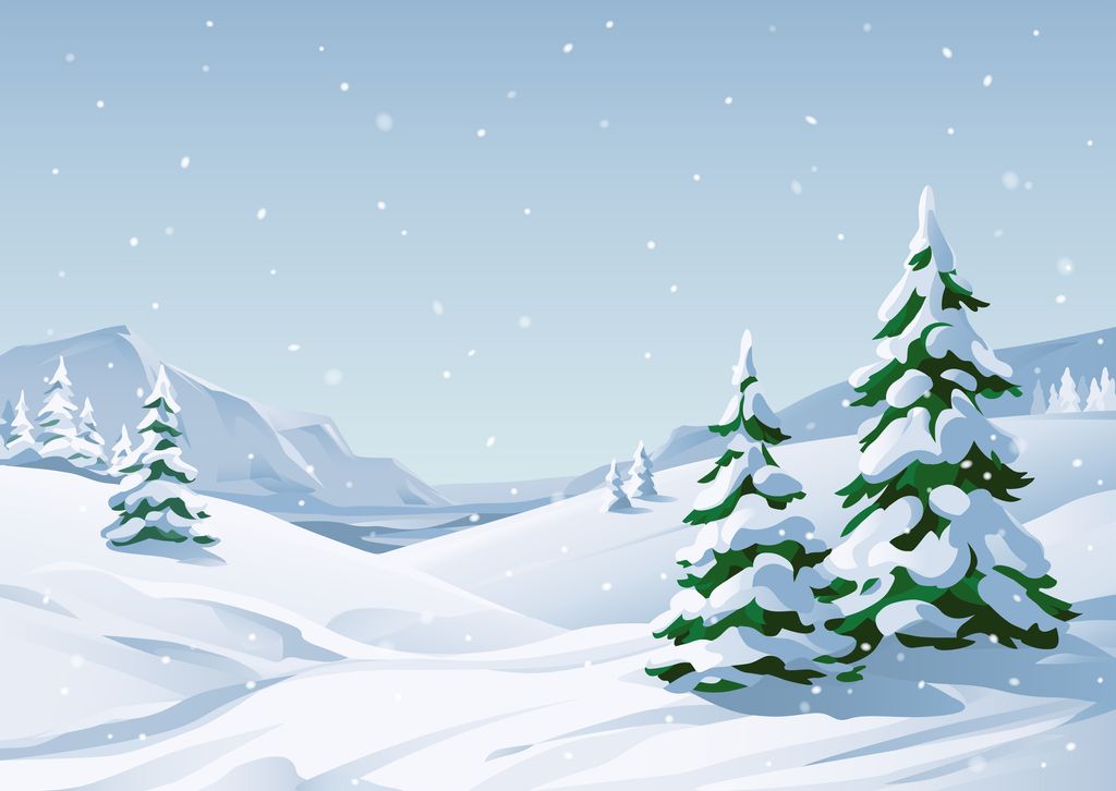A winter landscape during the day with white trees covered in snow and hills in the distance