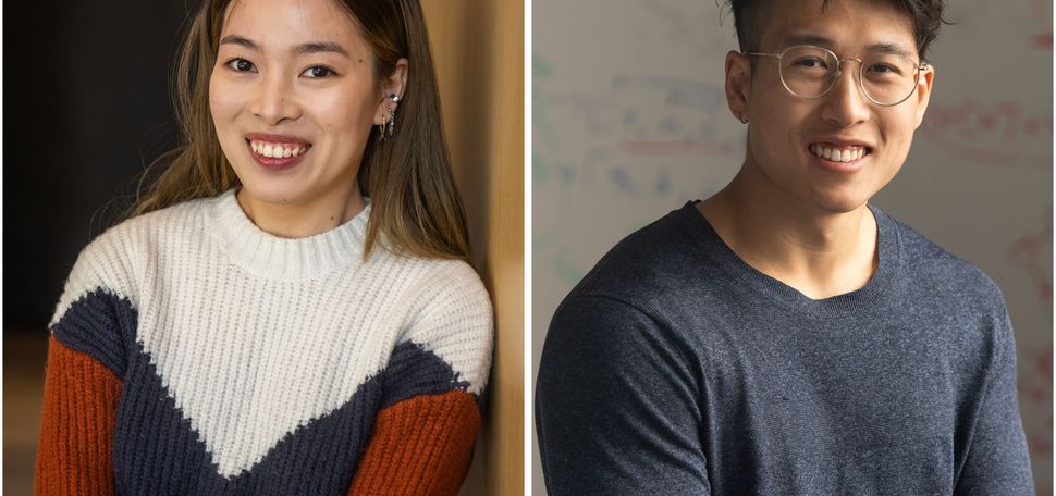 Collage: (from left) Photos of Linzi Scholarship recipients and Zilu “Pete” Tang. Liyu Chen poses against a wooden wall. A young Asian woman wearing a white, red, and black sweater, and long white skirt, smiles as she poses next to a light wooden wall. Zilu “Pete” Tang, a young Asian man wearing glasses and a long sleeved blue-gray shirt, smiles and poses next to a cement wall. Behind him, a white board filled with notes on equations can be seen.
