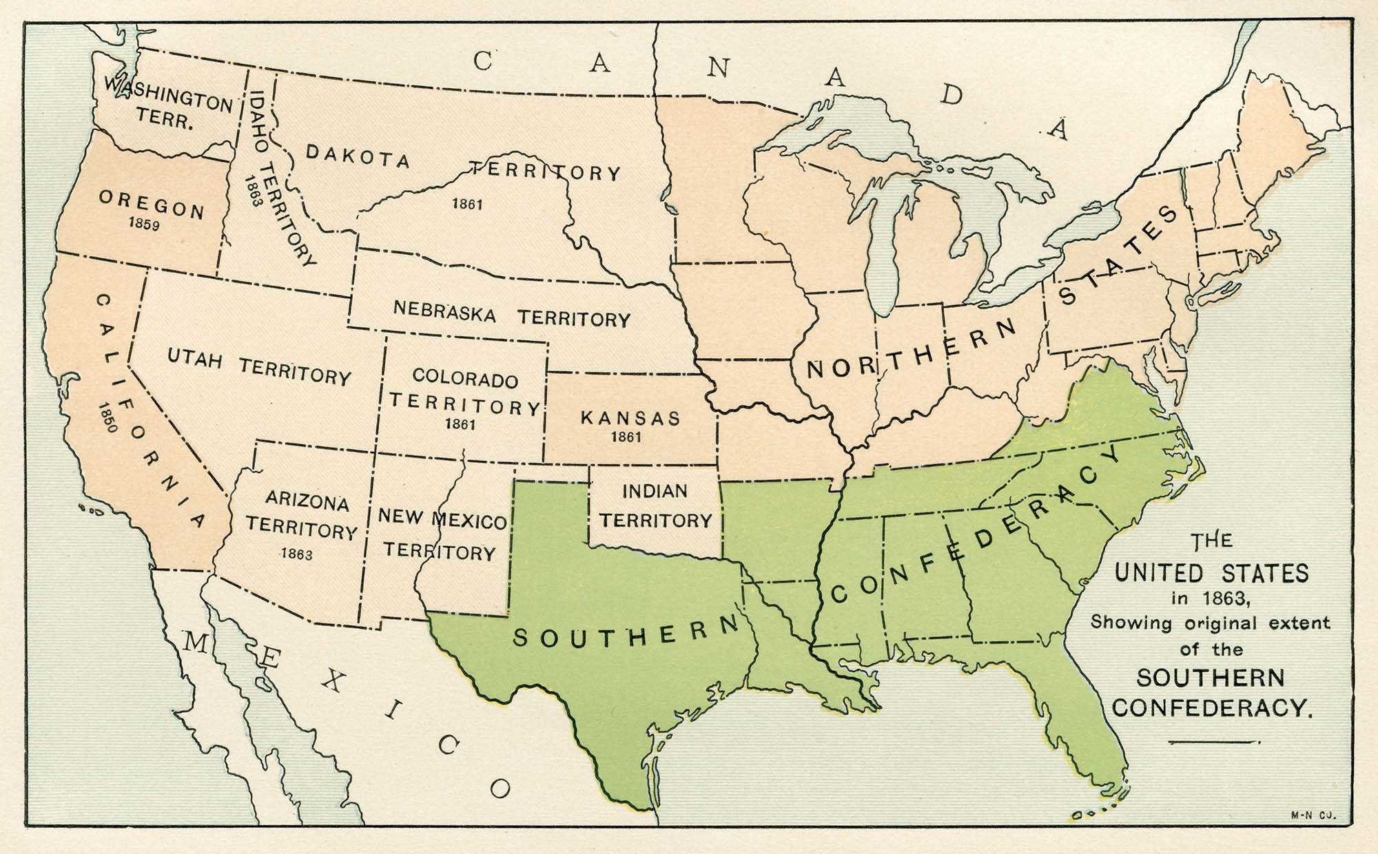 Image: Map from “A History of the United States for America for Schools” 1895. The map shows the different regions of the US in 1895 and highlights in green the "southern Confederacy".