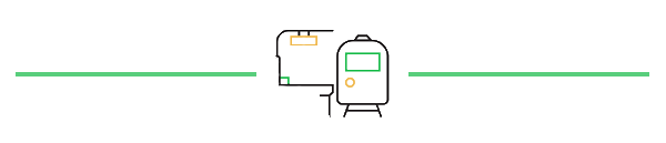 Image: Yellow and green themed icon of the front of a train stopped at a platform. Two green lines bookend the icon to make a banner.