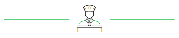 Image: Yellow and green themed icon of a man wearing a transportation hat and uniform. Two green lines bookend the icon to make a banner.