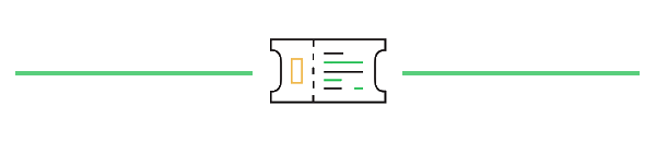 Image: Yellow and green themed icon of a train ticket. Two green lines bookend the icon to make a banner.