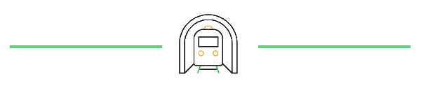 Image: Yellow and green themed icon of a train exiting a tunnel. Two green lines bookend the icon to make a banner.
