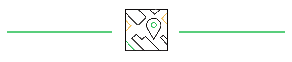 Image: Yellow and green themed icon of a square city map with an icon in the center indicating location. Two green lines bookend the icon to make a banner.