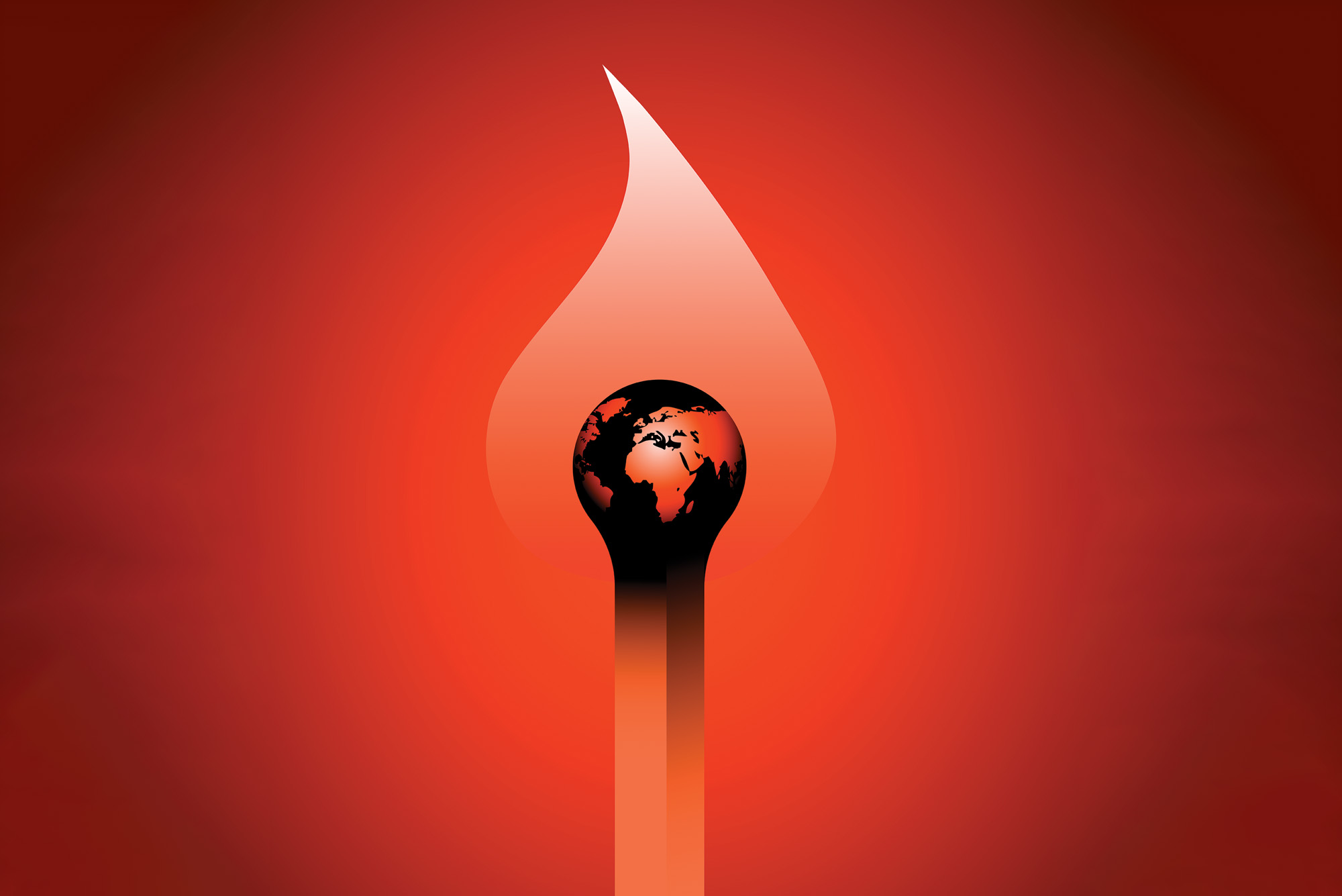 Image: Illustration of a large, lit match. The flame on the match is clear, while the head of the match depicts a miniature Earth. Image shown on a vibrant, red background.