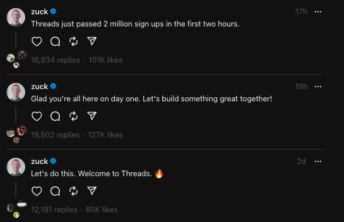 Image: Screensshot of MArk's Zuckerberg's "Threads" profile. The three threads read (from top to bottom): "Threads just passed 2 million sign ups in the first two hours", "Glad you're all here on day one. Let's build something great together!", and "Let's do this. Welcome to Threads. [fire emoji]"