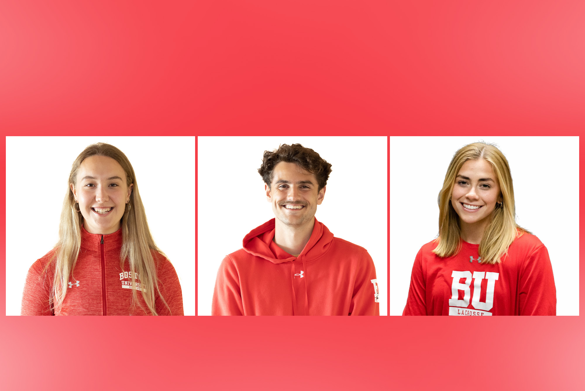 Composite photo of three BU student-athletes. Headshots of (from left) Kat Robbins, Francesco Montali, and Ellen Monahan. Robbins is a young white woman with long blonde hair and wearing a scarlet red Boston University pullover. Montali is a young white man with curly brown hair and wearing a red Boston University hooded sweatshirt. Monahan is a young white woman with shoulder length blonde hair and wearing a red, BU lacrosse long sleeve shirt.