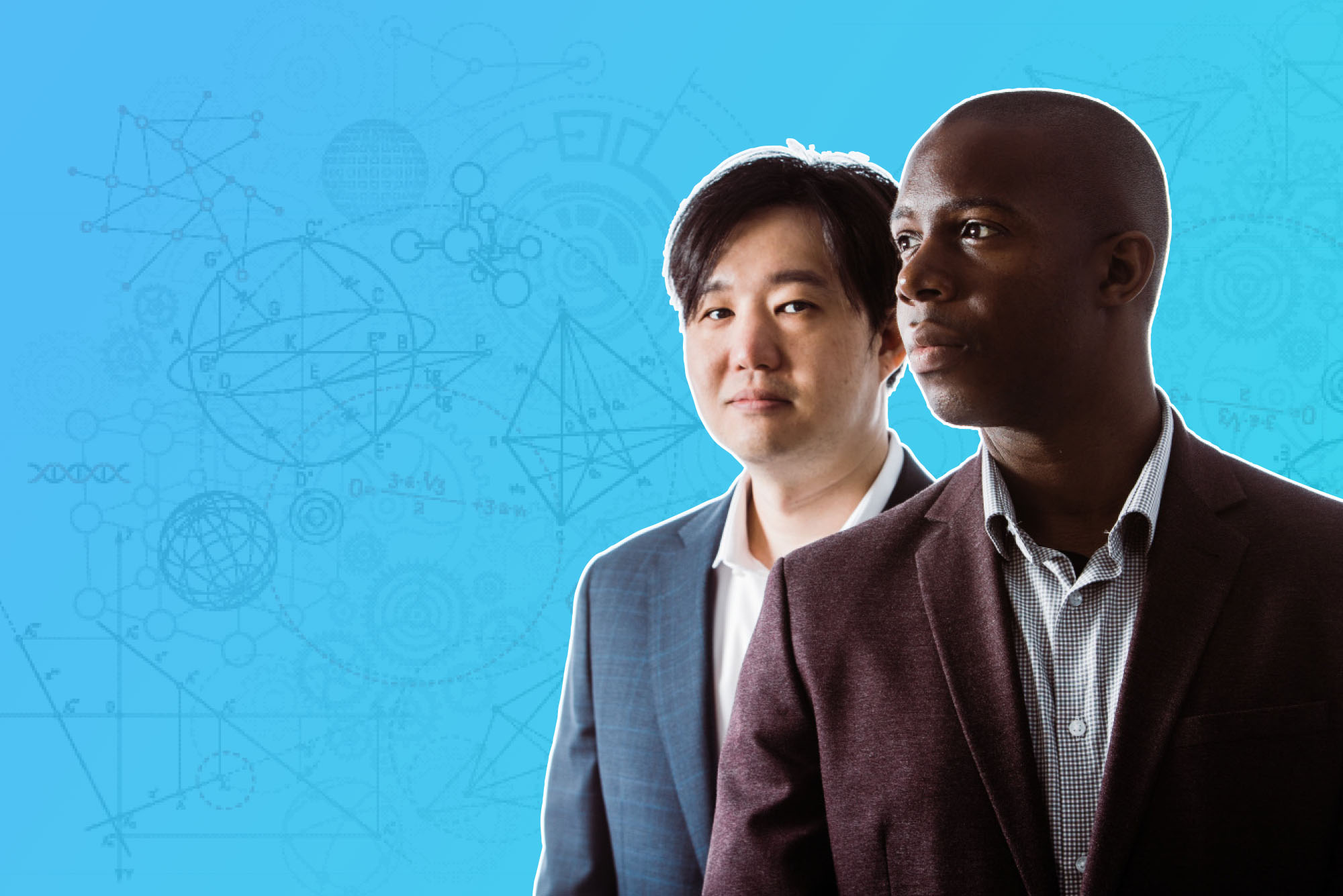 Composite image of two people in suits, one looking at the camera and another staring off to the left. The background is blue with gearboxes and other mechanical design elements.