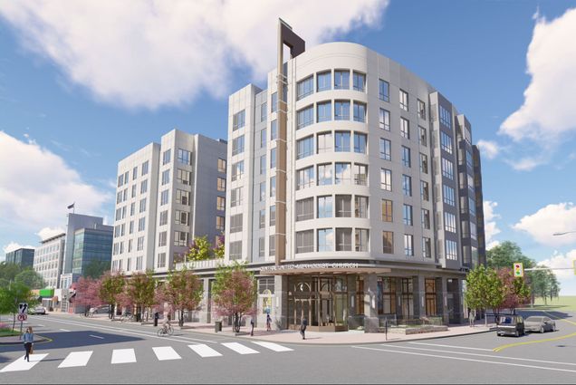 An artists' rendering of United Methodist Church's new apartment complex. A modern building on a metropolitan street corner.