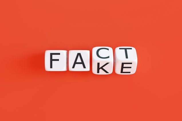 Photo: A red background with four die with letters on them. The first two are "F" and "A", respectively. The next two are on the edge, teetering between "C" and K" on one and "T" and "E" on the final die. The effect means the die could read as "FACT" or "FAKE".