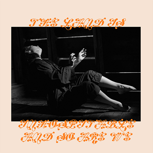 Album cover of Mitski's "The Land Is Inhospitable and So Are We". Cover shows a black and white photo of a woman sitting on the floor and facing away from the camera. She is in a stricken pose. Photo is inlaid on a light orange background. Bright Orange words read "The Land Is Inhospitable and So Are We" in cursive font.