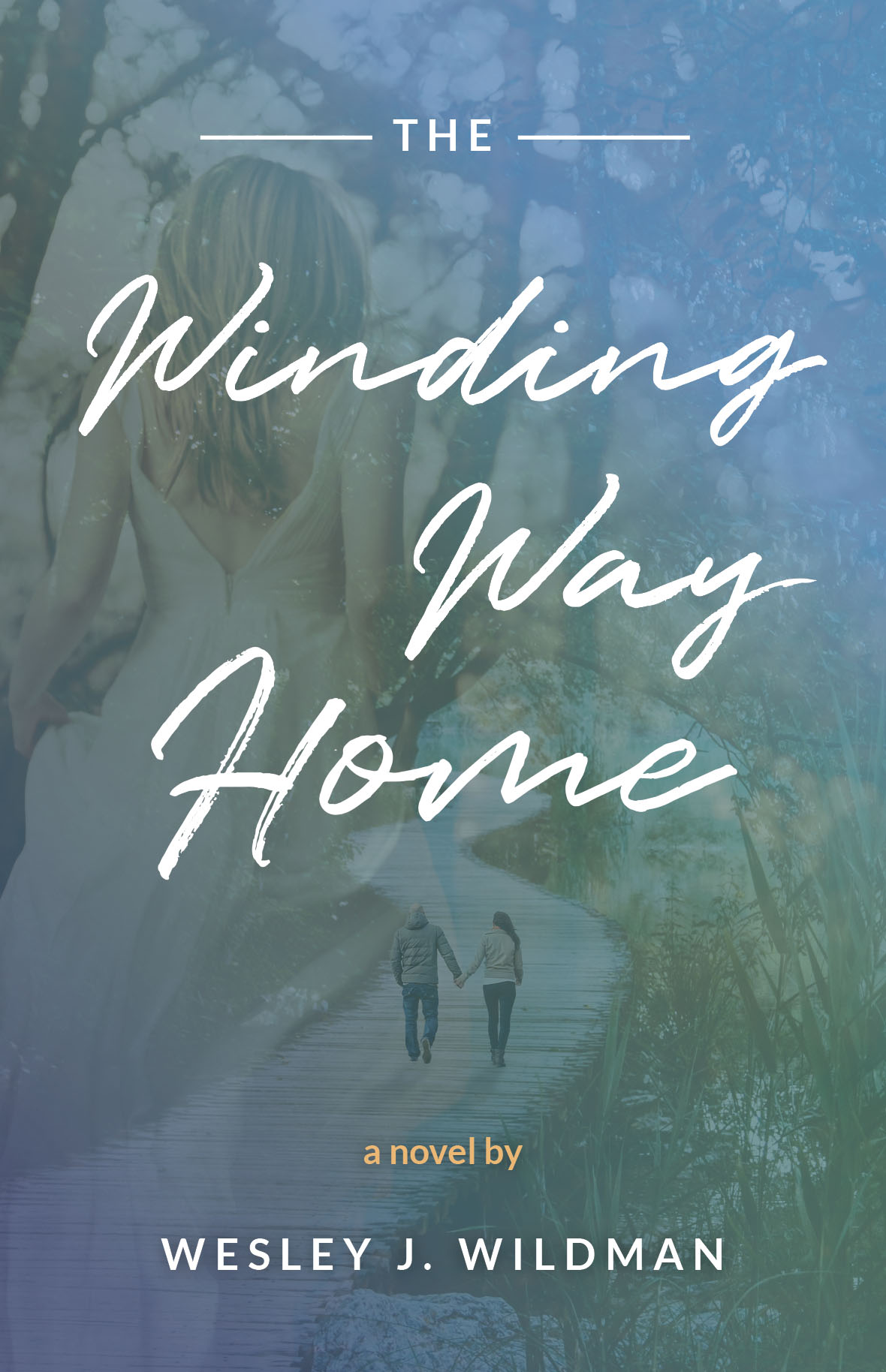 Cover of the book "Winding Way Home" by Wesley J Wildman. Depicts two people walking on a winding road, with green and blue tones